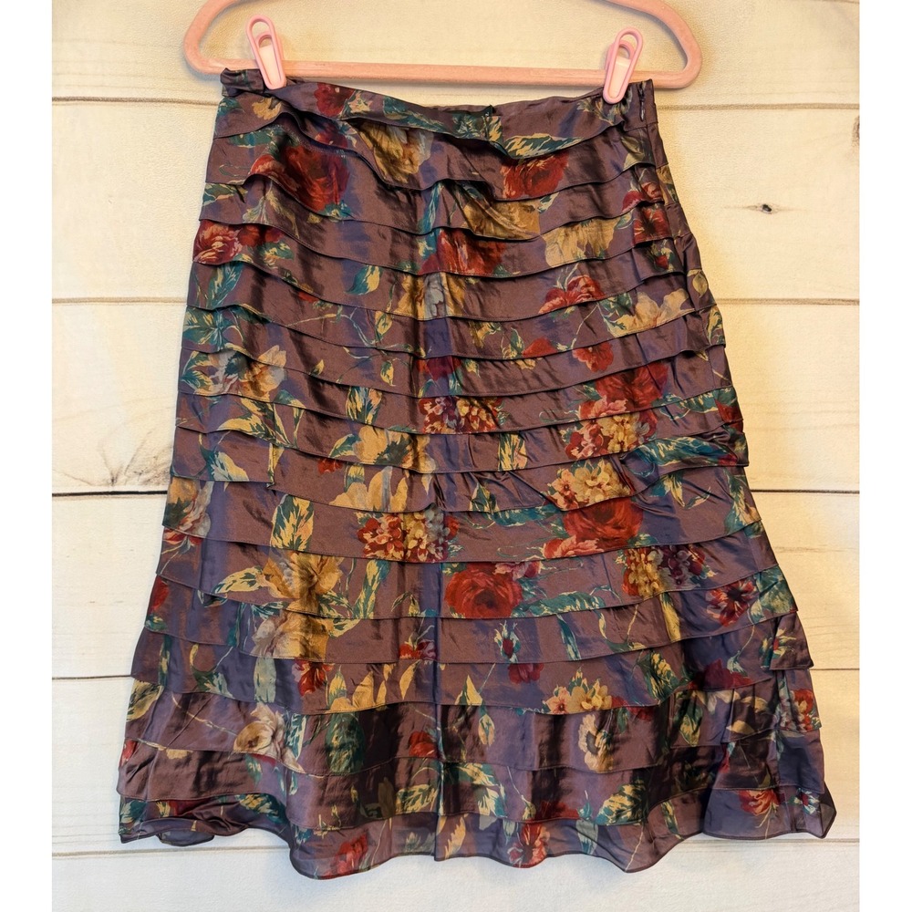 Ralph Lauren Purple Floral Silk Blend Tiered Ruffle Midi Skirt Womens 6